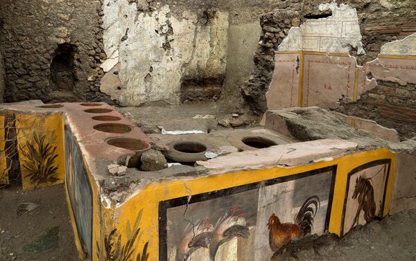 Frescoes on an ancient counter discovered during excavations in Pompeii, Italy, are seen in this handout picture released December 26, 2020. - Sputnik International