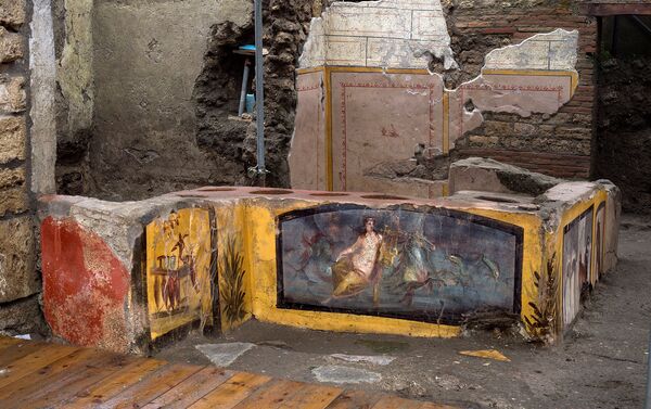 A fresco on an ancient counter depicting a nymph riding a horse uncovered during excavations in Pompeii, Italy, is seen in this handout picture released December 26, 2020. - Sputnik International