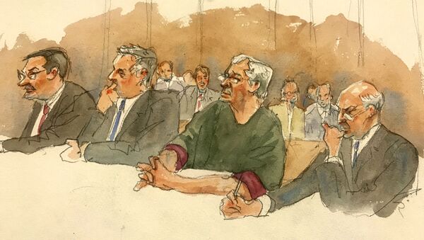 In this courtroom sketch, defendant Jeffrey Epstein, second from right, listens along with defense attorneys, from left, Marc Fernich, Michael Miller, and Martin Weinberg as Judge Richard M. Berman denies him bail during a hearing in federal court, Thursday, 18 July 2019 in New York - Sputnik International