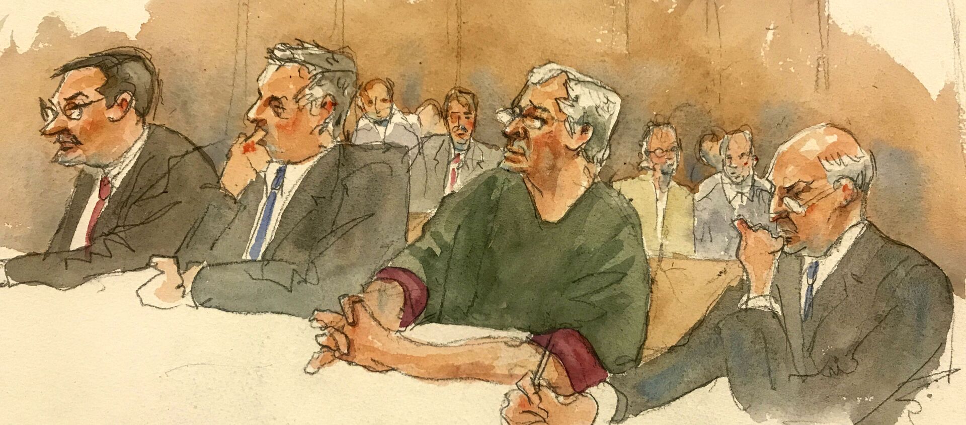 In this courtroom sketch, defendant Jeffrey Epstein, second from right, listens along with defense attorneys, from left, Marc Fernich, Michael Miller, and Martin Weinberg as Judge Richard M. Berman denies him bail during a hearing in federal court, Thursday, 18 July 2019 in New York - Sputnik International, 1920, 01.01.2021