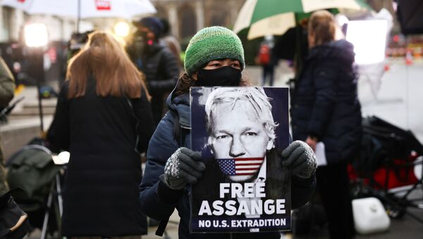 A supporter of WikiLeaks founder Julian Assange holds a placard, at the Old Bailey, the Central Criminal Court, in London, Britain, January 4, 2021. REUTERS/Henry Nicholls - Sputnik International