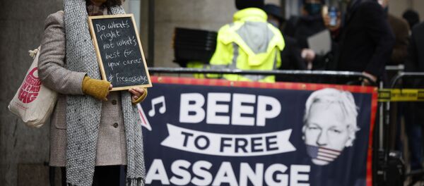 Supporters of Wikileaks founder Julian Assange demonstrate outside the Old Bailey court in central London as the court will rule on his extradition case on January 4, 2021. - Sputnik International