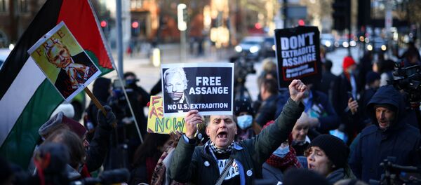 Protesters holding placards demonstrate outside the Westminster Magistrates' Court as Julian Assange's lawyers seek bail for their client in London, Britain 6 January 2021. - Sputnik International