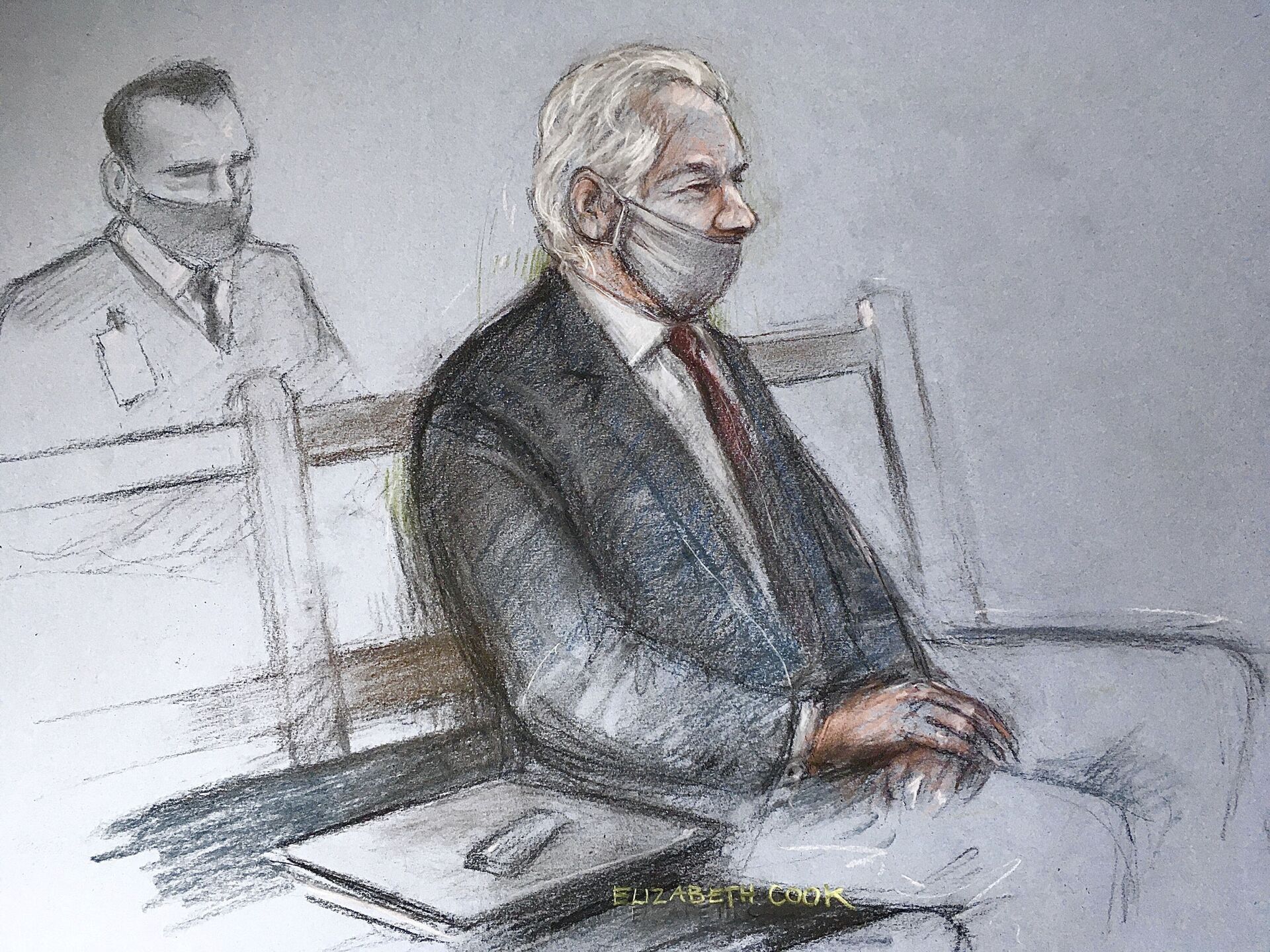This is a court artist sketch by Elizabeth Cook of Julian Assange appearing at the Old Bailey in London for the ruling in his extradition case, in London, Monday, Jan. 4, 2021. A British judge has rejected the United States’ request to extradite WikiLeaks founder Julian Assange to face espionage charges, saying it would be “oppressive” because of his mental health. District Judge Vanessa Baraitser said Assange was likely to kill himself if sent to the U.S. The U.S. government said it would appeal the decision.  (Elizabeth Cook/PA via AP) - Sputnik International, 1920, 21.04.2022