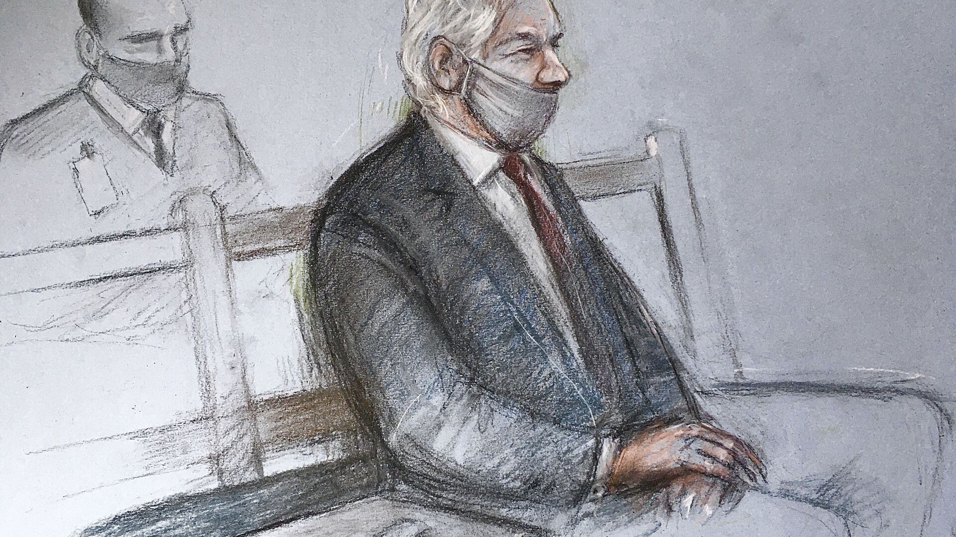 This is a court artist sketch by Elizabeth Cook of Julian Assange appearing at the Old Bailey in London for the ruling in his extradition case, in London, Monday, Jan. 4, 2021. A British judge has rejected the United States’ request to extradite WikiLeaks founder Julian Assange to face espionage charges, saying it would be “oppressive” because of his mental health. District Judge Vanessa Baraitser said Assange was likely to kill himself if sent to the U.S. The U.S. government said it would appeal the decision.  (Elizabeth Cook/PA via AP) - Sputnik International, 1920, 13.12.2021