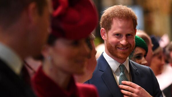 Britain's Prince Harry, Duke of Sussex (C) is introduced to performers as he leaves with Britain's Prince William, Duke of Cambridge (L) and Britain's Catherine, Duchess of Cambridge (2L) after attending  the annual Commonwealth Service at Westminster Abbey in London on March 09, 2020 - Sputnik International