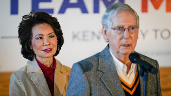 U.S. Secretary of Transportation Elaine Chao stands with her husband, Senate Majority Leader Mitch McConnell, at his final campaign event of the 2020 campaign for U.S. Senate, in Versailles, Kentucky, U.S., November 2, 2020. - Sputnik International