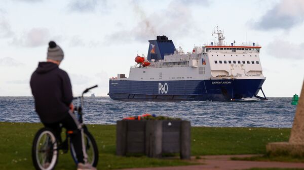 A person on a bike is seen as a ferry arrives at the Port of Larne, Northern Ireland Britain January 1, 2021 - Sputnik International