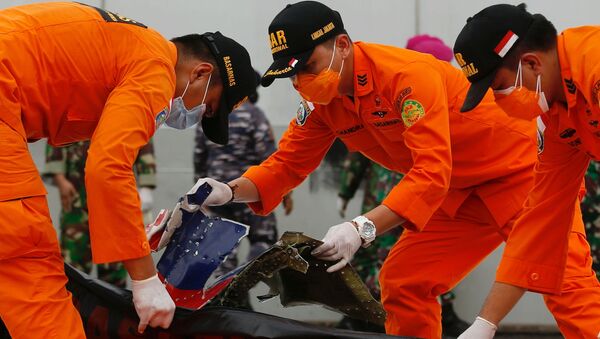Indonesian rescue members inspect what is believed to be the remains of the Sriwijaya Air plane flight SJ182, which crashed into the sea, at Jakarta International Container Terminal port in Jakarta, Indonesia, January 10, 2021. REUTERS/Ajeng Dinar Ulfiana     TPX IMAGES OF THE DAY - Sputnik International
