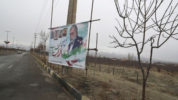 A billboard carries a portrait of Mohsen Fakhrizadeh, an Iranian scientist linked to the country's nuclear program who was killed by unknown assailants last month, at the site of his killing in Absard east of the capital, Tehran, Iran, Wednesday, Dec. 16, 2020 - Sputnik International