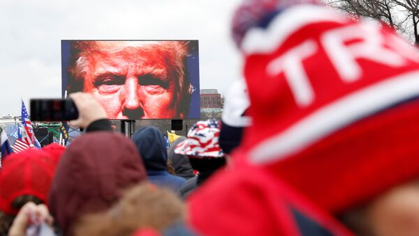 U.S. President Donald Trump is seen on a screen speaking to supporters during a rally to contest the certification of the 2020 U.S. presidential election results by the U.S. Congress, in Washington, U.S, January 6, 2021 - Sputnik International