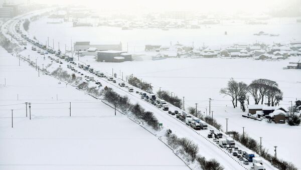 Vehicles are stranded in the snow on the Hokuriku Expressway in Fukui Prefecture, Japan - Sputnik International