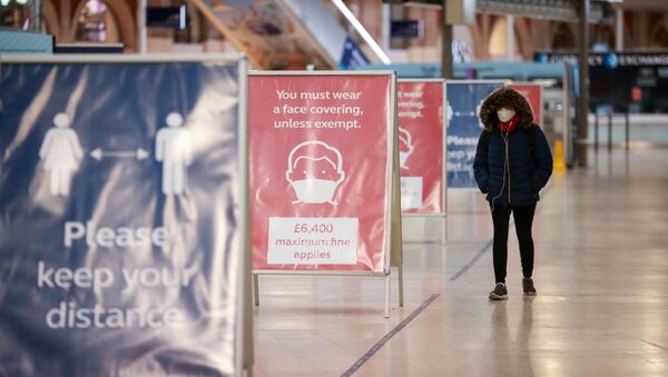 A commuter walks past information boards at Waterloo station during morning rush hour, amid the coronavirus disease (COVID-19) outbreak, in London, Britain, January 5, 2021 - Sputnik International
