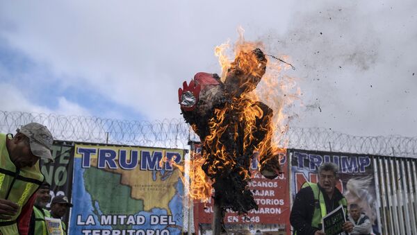 A pinata depicting US President Donald Trump is burned by members of Border Angels and Alianza Migrante during a demonstration - Sputnik International