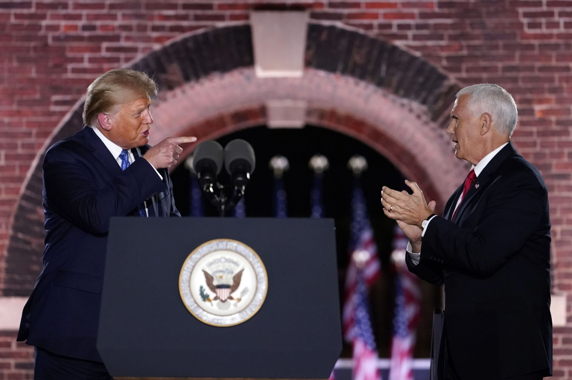 President Donald Trump joins Vice President Mike Pence on stage after Pence spoke on the third day of the Republican National Convention at Fort McHenry National Monument and Historic Shrine in Baltimore, Wednesday, Aug. 26, 2020 - Sputnik International, 1920, 06.01.2022