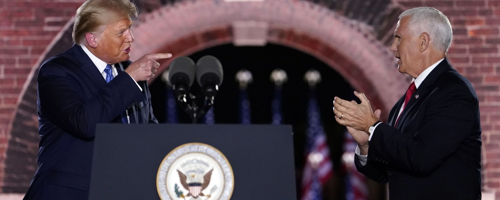 President Donald Trump joins Vice President Mike Pence on stage after Pence spoke on the third day of the Republican National Convention at Fort McHenry National Monument and Historic Shrine in Baltimore, Wednesday, Aug. 26, 2020 - Sputnik International, 1920, 06.06.2021