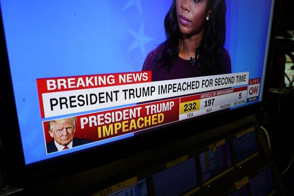 Network monitors inside the White House briefing room display the impeachment proceedings going at the U.S. Capitol against President Donald Trump, Wednesday, Jan. 13, 2021, in Washington. - Sputnik International