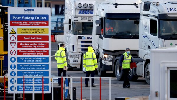 People inspect lorries which arrived at the Port of Larne, Northern Ireland Britain January 1, 2021 - Sputnik International