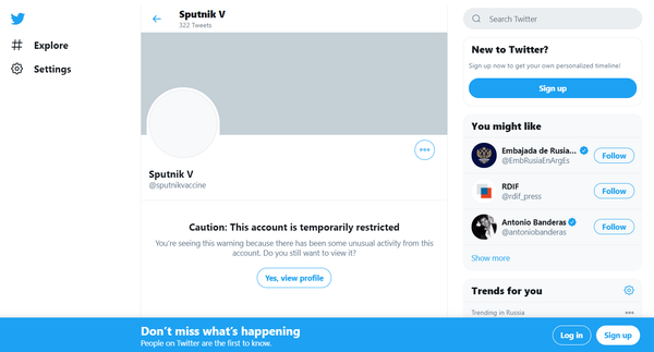 Twitter Briefly Restricts Access to Sputnik V Vaccine's Account Over 'Possible Security Breach' - Sputnik International