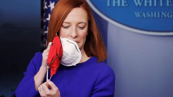 White House Press Secretary Jen Psaki removes her face mask before speaking in the James S Brady Press Briefing Room at the White House, after the inauguration of Joe Biden as the 46th President of the United States, U.S., January 20, 2021 - Sputnik International