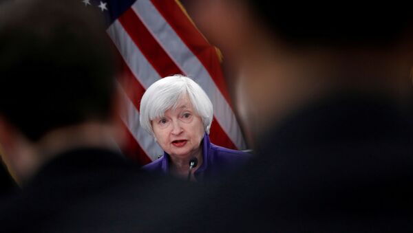 U.S. outgoing Federal Reserve Chair Janet Yellen holds a news conference after a two-day Federal Open Market Committee (FOMC) meeting in Washington, U.S. December 13, 2017. - Sputnik International