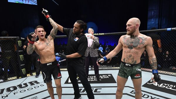 Abu Dhabi, United Arab Emirates; Dustin Poirier reacts after his knockout victory over Conor McGregor of Ireland in a lightweight fight during the UFC 257 event inside Etihad Arena on UFC Fight Island.   - Sputnik International