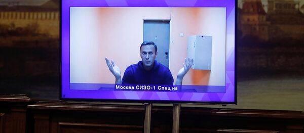 Russian opposition leader Alexey Navalny is seen on a screen via a video link during a court hearing to consider an appeal on his arrest outside Moscow, Russia 28 January 2021. - Sputnik International