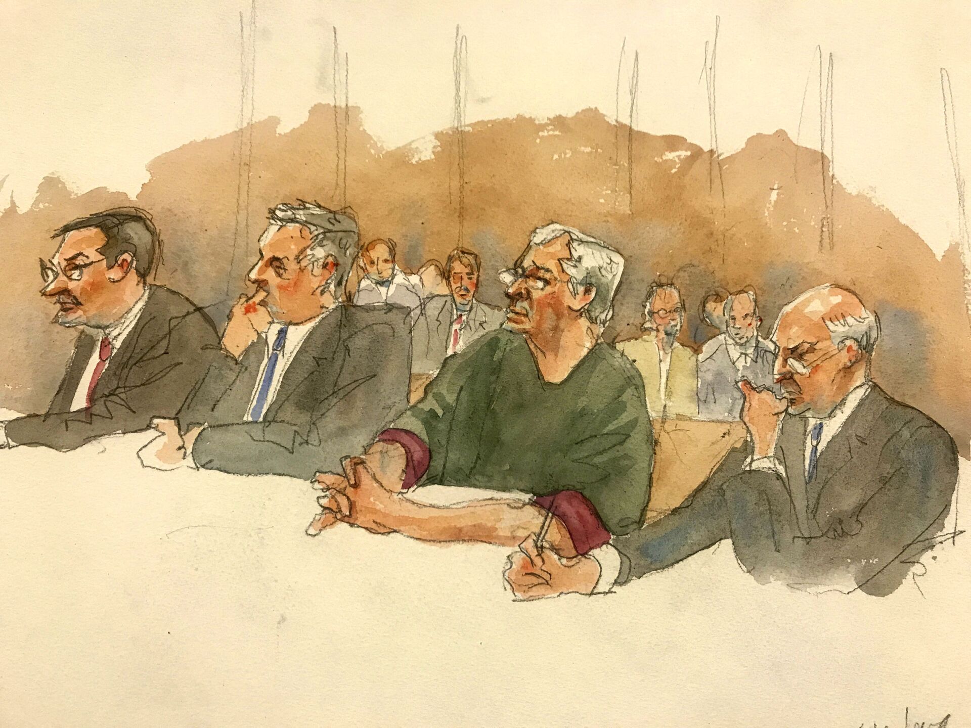 In this courtroom sketch, defendant Jeffrey Epstein, second from right, listens along with defense attorneys, from left, Marc Fernich, Michael Miller, and Martin Weinberg as Judge Richard M. Berman denies him bail during a hearing in federal court, Thursday, July 18, 2019 in New York. Judge Berman denied bail for the jailed financier on sex trafficking charges, saying the danger to the community that would result if the jet-setting defendant was free formed the heart of this decision. - Sputnik International, 1920, 22.12.2021