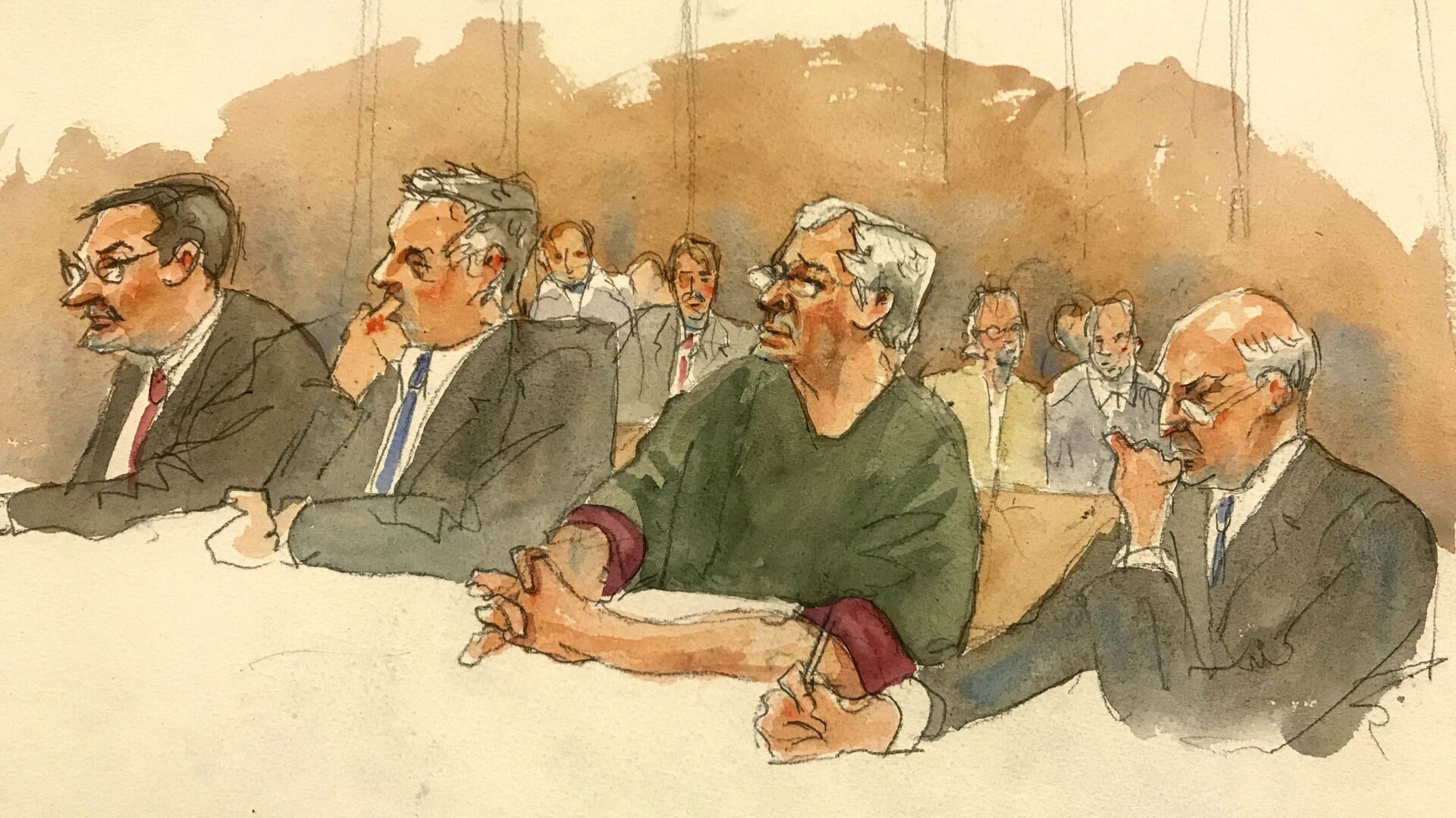 In this courtroom sketch, defendant Jeffrey Epstein, second from right, listens along with defence attorneys, from left, Marc Fernich, Michael Miller, and Martin Weinberg as Judge Richard M. Berman denies him bail during a hearing in the federal court, Thursday, 18 July 2019 in New York. Judge Berman denied bail for the jailed financier on sex-trafficking charges, saying the danger to the community that would result if the jet-setting defendant were free formed the heart of this decision. - Sputnik International, 1920, 02.02.2021