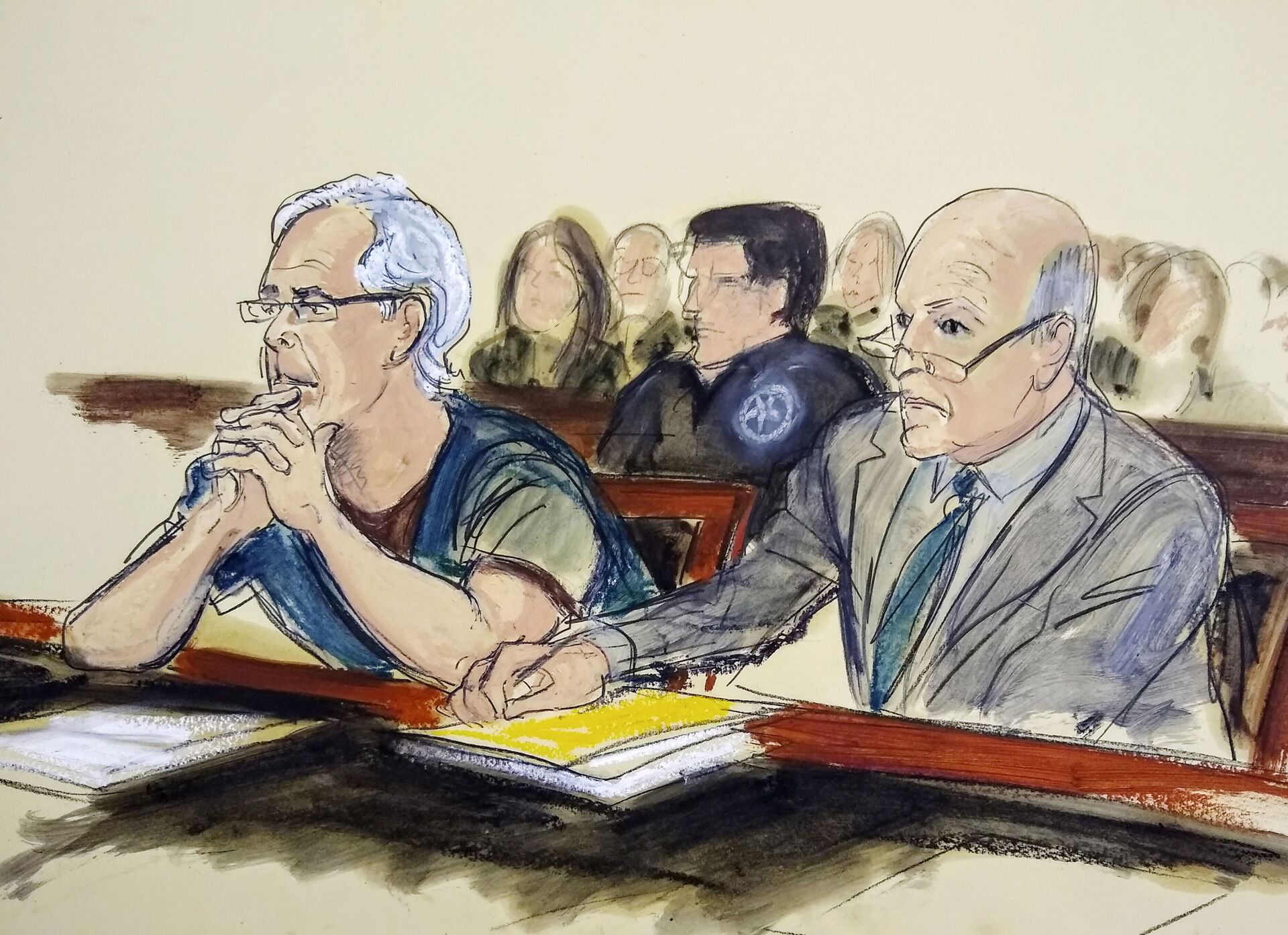 In this July 15, 2019 courtroom artist's sketch, defendant Jeffrey Epstein, left, and his attorney Martin Weinberg listen during a bail hearing in federal court, in New York - Sputnik International, 1920, 21.10.2021