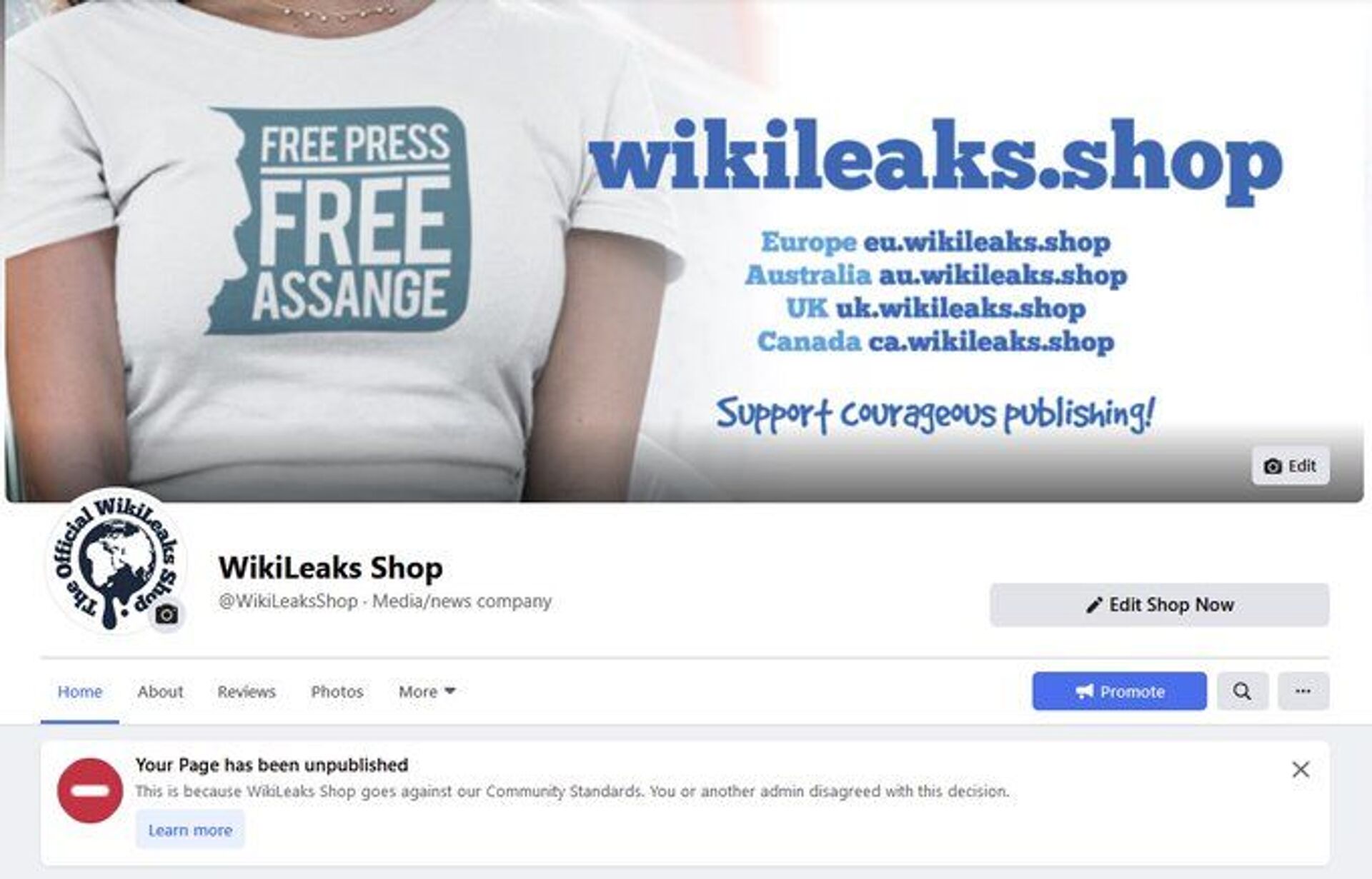 WikiLeaks Shop's Facebook Page Unpublished For Alleged 'Community Standards' Violations - Sputnik International, 1920, 03.02.2021