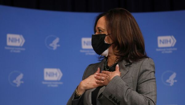 U.S. Vice President Kamala Harris reacts after receiving her second dose of the Moderna coronavirus disease (COVID-19) vaccine at the National Institutes of Health in Bethesda, Maryland, U.S. January 26, 2021. REUTERS/Leah Millis - Sputnik International