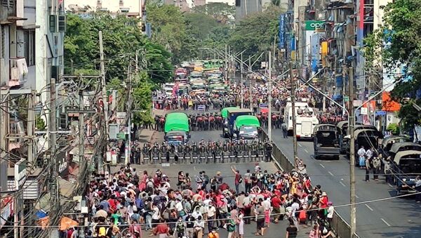 General view of a demonstration against the military coup in Yangon, Myanmar, 6 February 2021. Myanmar Now/Handout via REUTERS - Sputnik International