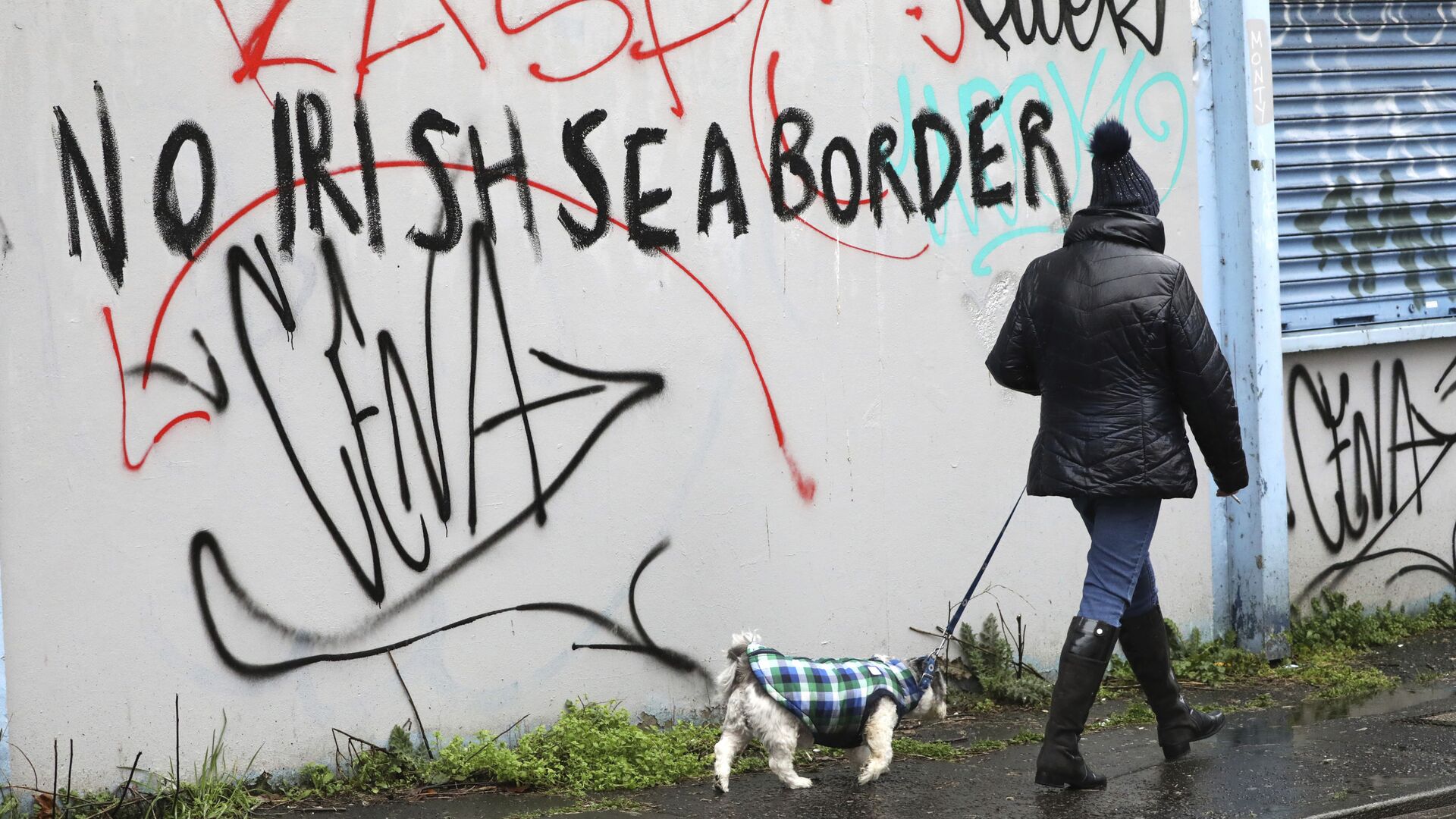 A woman walks her dog past past graffiti with the words 'No Irish Sea Border' in Belfast city centre, Northern Ireland, Wednesday, Feb. 3, 2021 - Sputnik International, 1920, 08.02.2021