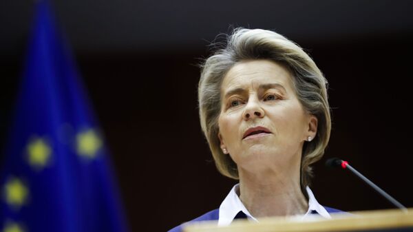 European Commission President Ursula Von Der Leyen addresses European lawmakers during a plenary session on the inauguration of the new President of the United States and the current political situation, at the European Parliament in Brussels, Wednesday, Jan. 20, 2021 - Sputnik International