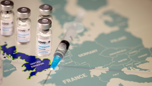 FILE PHOTO: Vials labelled COVID-19 Coronavirus-Vaccine and medical syringe are placed on the European Union map in this picture illustration taken December 2, 2020. REUTERS/Dado Ruvic/Illustration/File Photo - Sputnik International