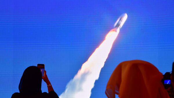 This file photo taken on July 20, 2020, shows a screen broadcasting the launch of the Hope Mars probe at the Mohammed Bin Rashid Space Centre in Dubai.  - Sputnik International