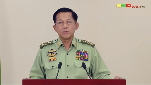 This screengrab provided via AFPTV and taken from a broadcast by Myawaddy TV in Myanmar on February 8, 2021 shows Myanmar military chief General Min Aung Hlaing making an announcement on the nationwide demonstrations being held in protest over the military coup.  - Sputnik International