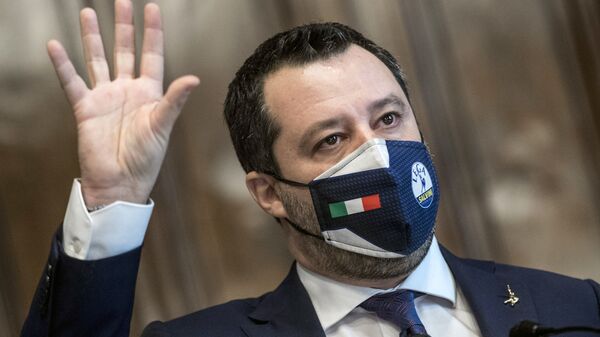 The League's Matteo Salvini addresses the media after meeting with Mario Draghi, at the Chamber of Deputies in Rome, Saturday, Feb. 6, 2021 - Sputnik International