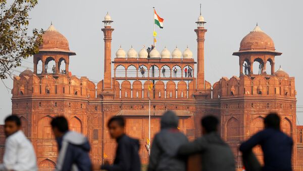 A farmer holds a flag on top of the historic Red Fort, during a protest against farm laws introduced by the government, in Delhi, India. - Sputnik International
