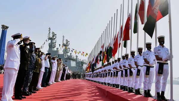 In this photo released by Pakistan Navy shows, military officials from differences countries salute during a flag hosting ceremony for multinational military exercise Aman or Peace, in Karachi, Pakistan, Friday, Feb. 12, 2021. Pakistan's Navy kicked off a five-day multinational military exercise in the Arabian Sea on Friday as part of Islamabad's years-long effort to bring security to the area, it said, although as usual regional archrival India was not invited. - Sputnik International