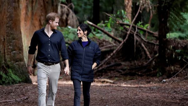Britain's Prince Harry and Meghan, Duchess of Sussex walk through a Redwoods forest in Rotorua, New Zealand, Wednesday, Oct. 31, 2018 - Sputnik International