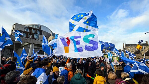 Activists attend an anti-Conservative government, pro-Scottish independence, and anti-Brexit demonstration outside Holyrood, the seat of the Scottish Parliament in Edinburgh on February 1, 2020. - Sputnik International
