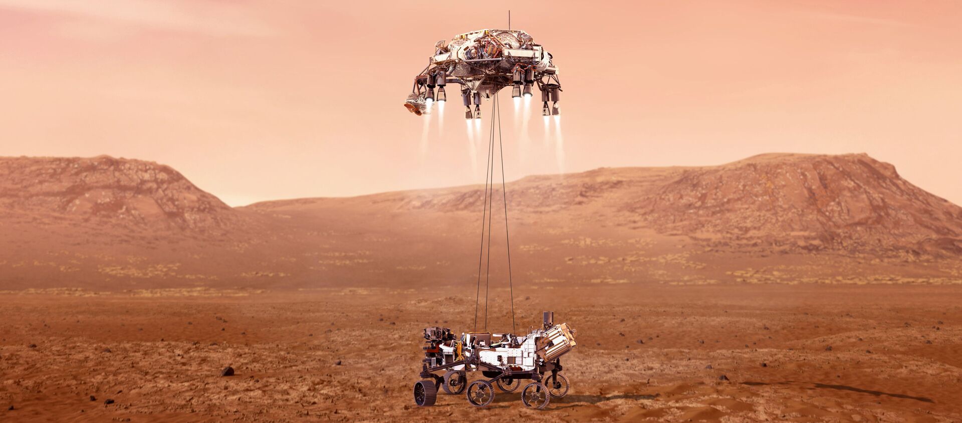 This illustration provided by NASA shows the Perseverance rover, bottom, landing on Mars. - Sputnik International, 1920, 24.02.2021