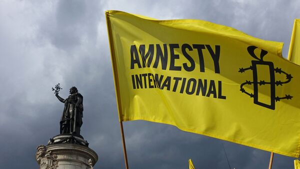 Demonstrators wave Amnesty International flag during a protest in solidarity with migrants at Place de la Republique in Paris on September 5, 2015 - Sputnik International