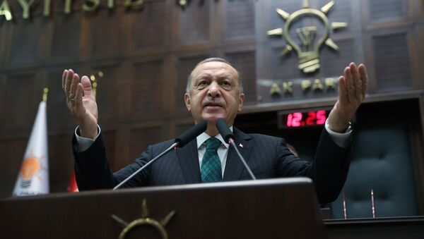 Turkish President Tayyip Erdogan addresses members of parliament from his ruling AK Party (AKP) during a meeting at the Turkish parliament in Ankara, Turkey, February 10, 2021. - Sputnik International