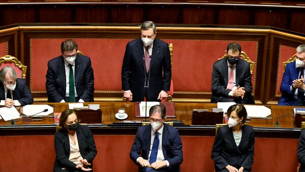 Italy's new Prime Minister Mario Draghi (Top C), flanked by (Clockwise from Top L) Italy's Minister for Public Administration, Renato Brunetta, Italy's Minister for Economic Development, Giancarlo Giorgetti, Italy's Agriculture Minister, Stefano Patuanelli, Italy's Defence Minister, Lorenzo Guerini, Italy's Justice Minister, Marta Cartabia, Italy's Undersecretary to the Presidency of the Council of the Government, Roberto Garofoli and Italy's Interior Minister, Luciana Lamorgese, react after addressing the Senate on February 17, 2021 in Rome, before submitting his government to a vote of confidence. - Sputnik International