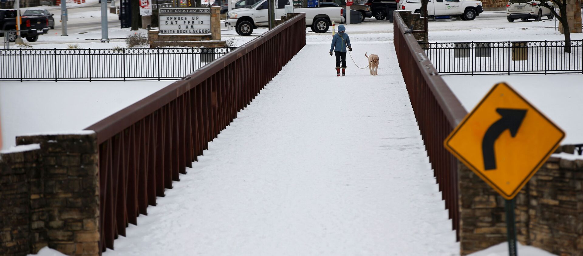 Anna Thomasson walks her dog, Penny, across the White Rock Lake Spillway after winter weather caused electricity blackouts in Dallas - Sputnik International, 1920, 19.02.2021