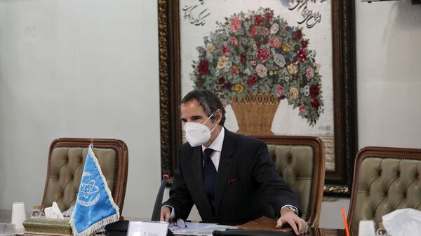 International Atomic Energy Agency (IAEA) Director General Rafael Grossi wears a mask during a meeting with head of Iran's Atomic Energy Organization Ali-Akbar Salehi, in Tehran, Iran February 21, 2021.  - Sputnik International
