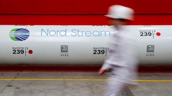The logo of the Nord Stream 2 gas pipeline project is seen on a pipe at the Chelyabinsk pipe rolling plant in Chelyabinsk, Russia, February 26, 2020. - Sputnik International